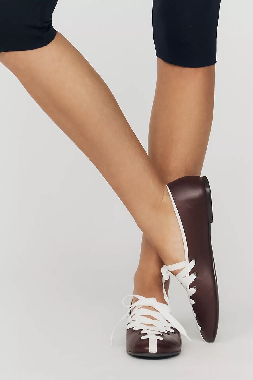 Anthropologie Maeve Contrast Lace-Up Ballet Flats, Football Brown, Size 40